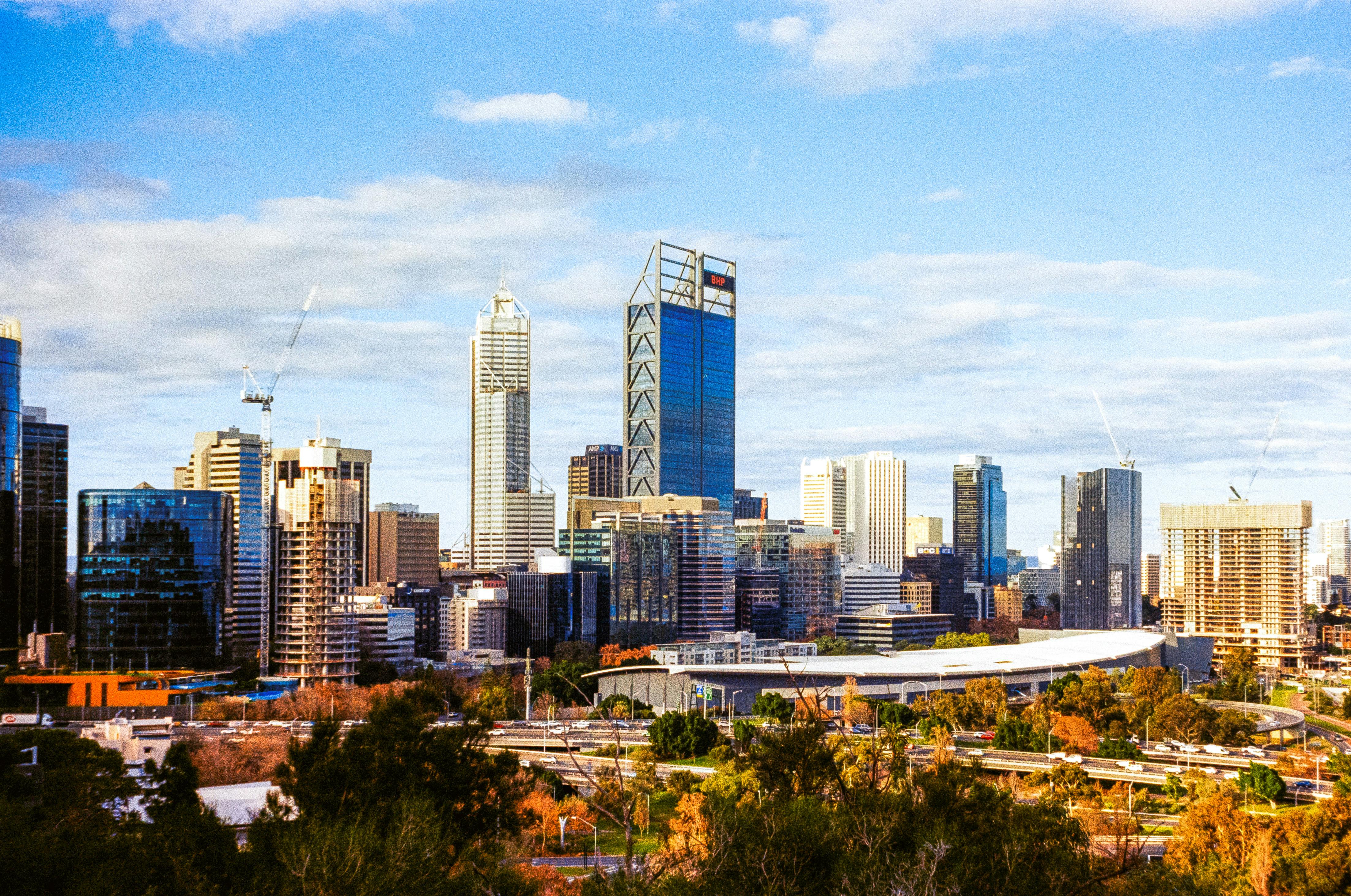 Perth city skyline at golden hour